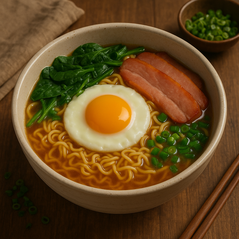 Steaming bowl of ramen topped with a sunny-side-up egg, slices of ham, spinach, and green onions, inspired by Ponyo.