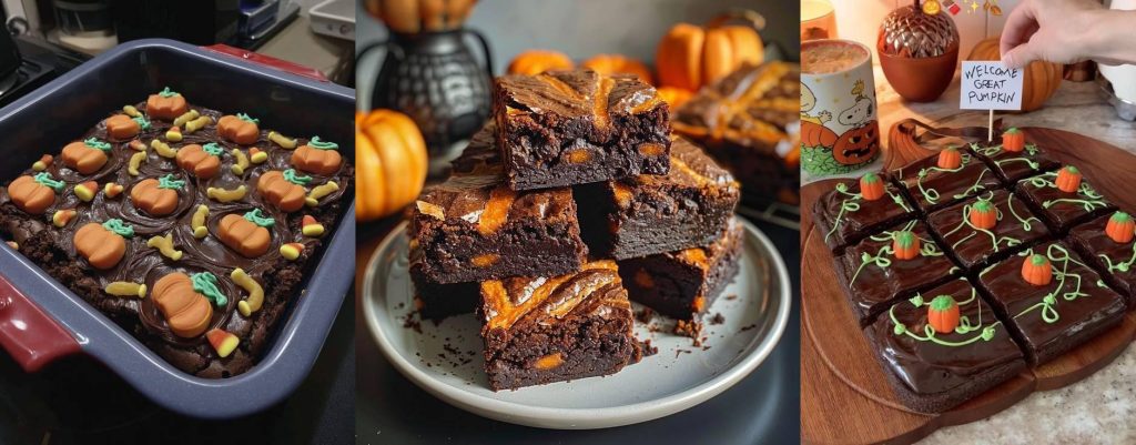 “Collage of Halloween pumpkin patch brownies topped with candy pumpkins, green icing vines, and Oreo crumbs for a spooky fall dessert