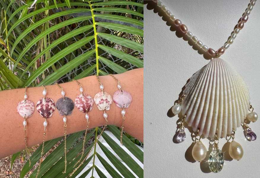 “Collage of handmade shell jewelry featuring colorful shell bracelets and a shell pendant necklace with pearls and gemstones.