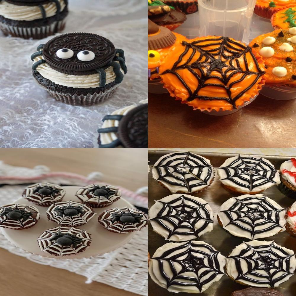 “Collage of Halloween spiderweb cupcakes decorated with black and white icing webs and spooky spider toppings.”