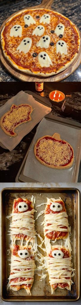“Collage of spooky ghost pizzas with ghost-shaped cheese, mushroom skulls, and black olive spiders, baked for Halloween party food.”