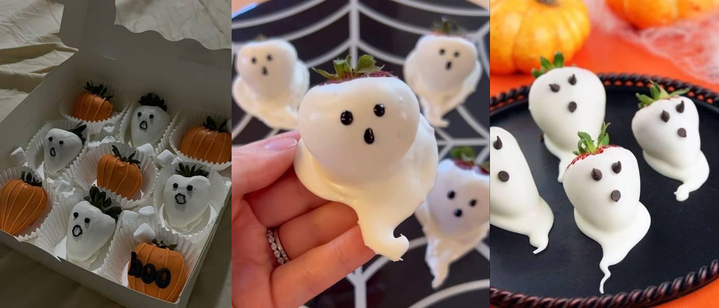 “Side-by-side collage of spooky ghost strawberries dipped in white chocolate with ghost faces, arranged in a line for Halloween party treats.”