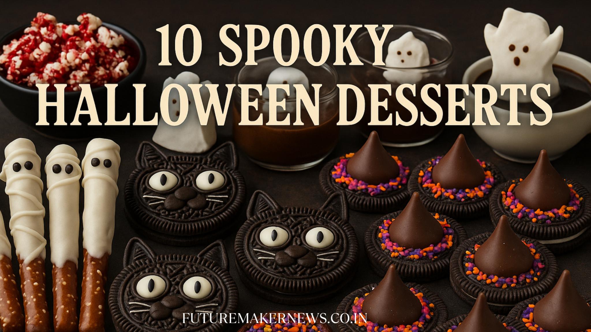 “Spooky Halloween desserts collage featuring ghost marshmallows, bloody popcorn, black cat cookies, witch hat cookies, and mummy pretzel sticks with title text ‘10 Spooky Halloween Desserts’.”