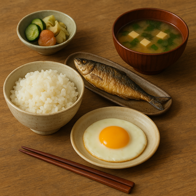 Alt Text: Traditional Japanese breakfast with steamed rice, sunny-side-up egg, grilled fish, pickled vegetables, and miso soup, inspired by My Neighbor Totoro.
