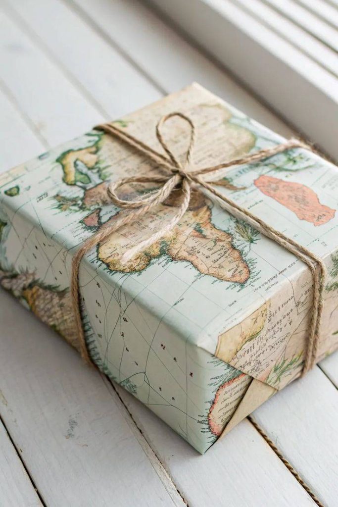 Upcycled wrapping using old map paper tied with rustic twine rope.
