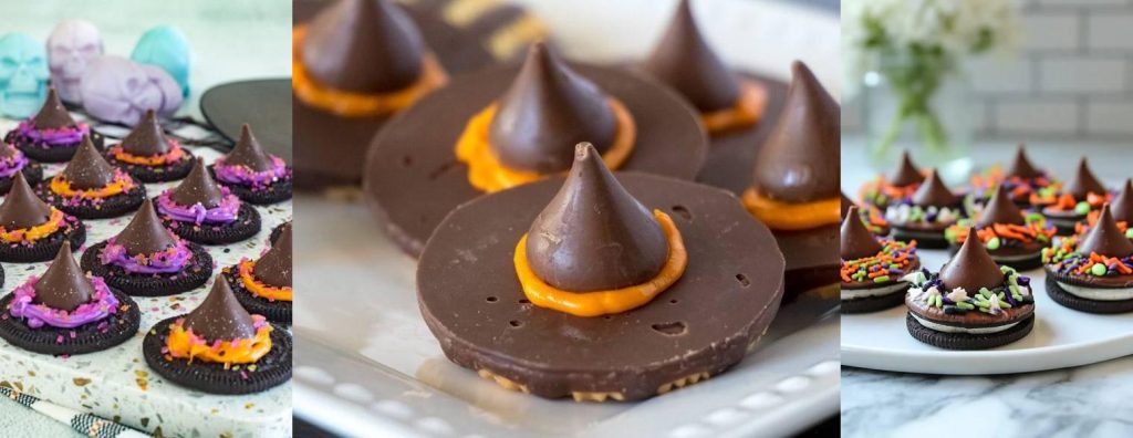 Collage of Halloween witch hat cookies made with Oreos, chocolate kisses, and colorful icing decorated in spooky Halloween style.”