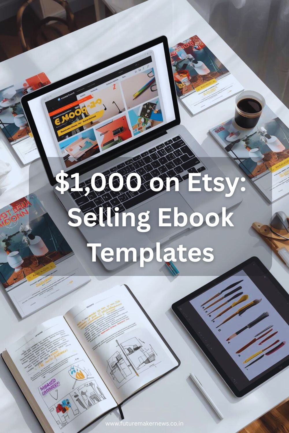Laptop displaying an editable Canva ebook template, surrounded by printed mockups, sketches, and digital art tools on a creative workspace.
