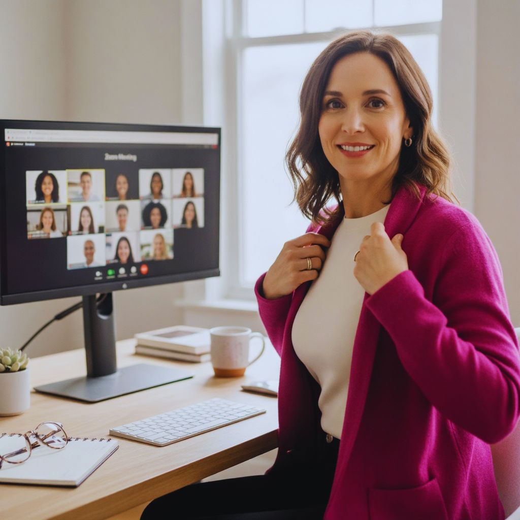 “Woman putting on an unstructured blazer in front of her laptop before a video call, demonstrating polished yet comfortable Zoom style.”