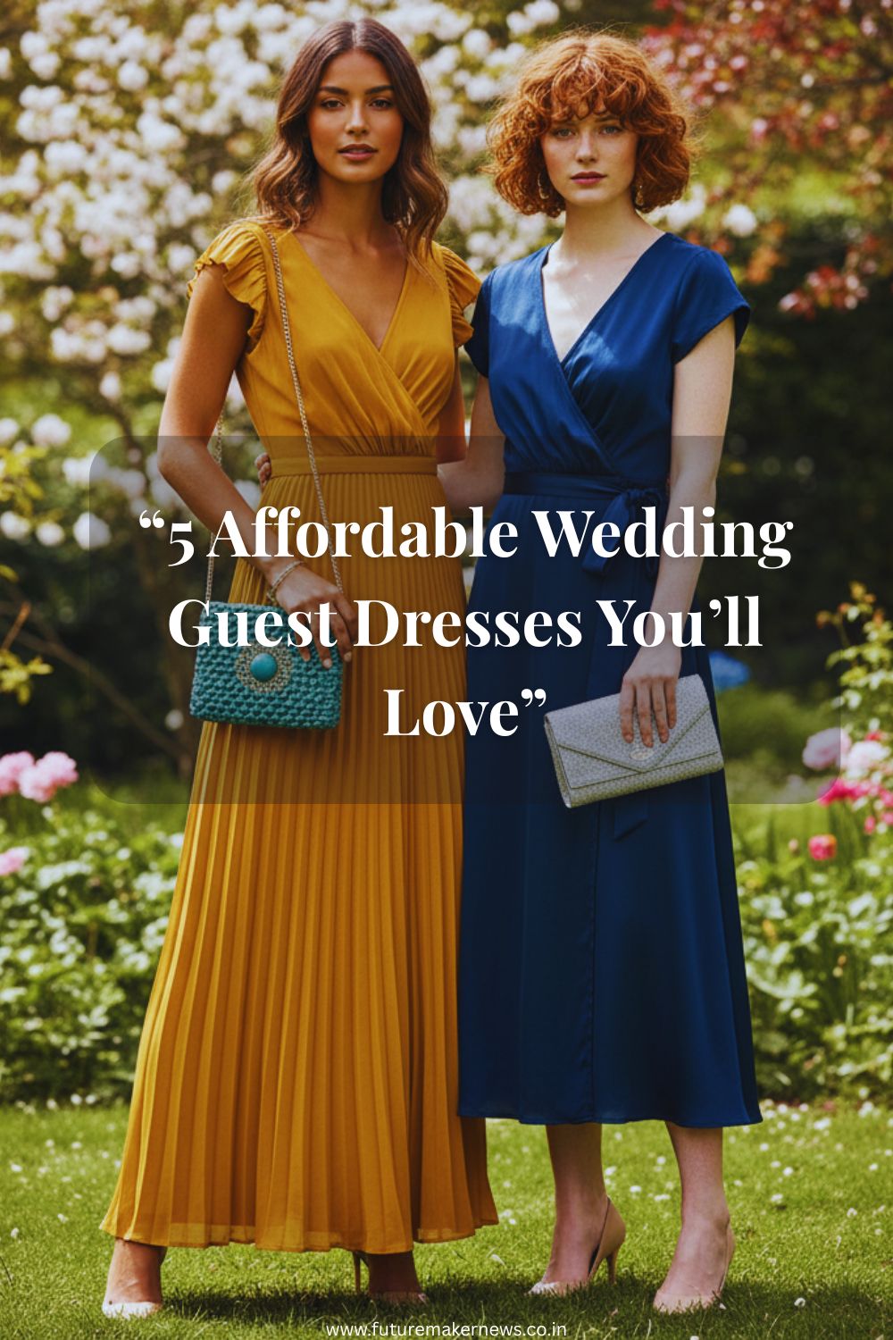An editorial display of five stylish and affordable wedding guest dresses, including satin, floral, wrap, pleated, and one-shoulder styles, arranged in a chic studio setting.