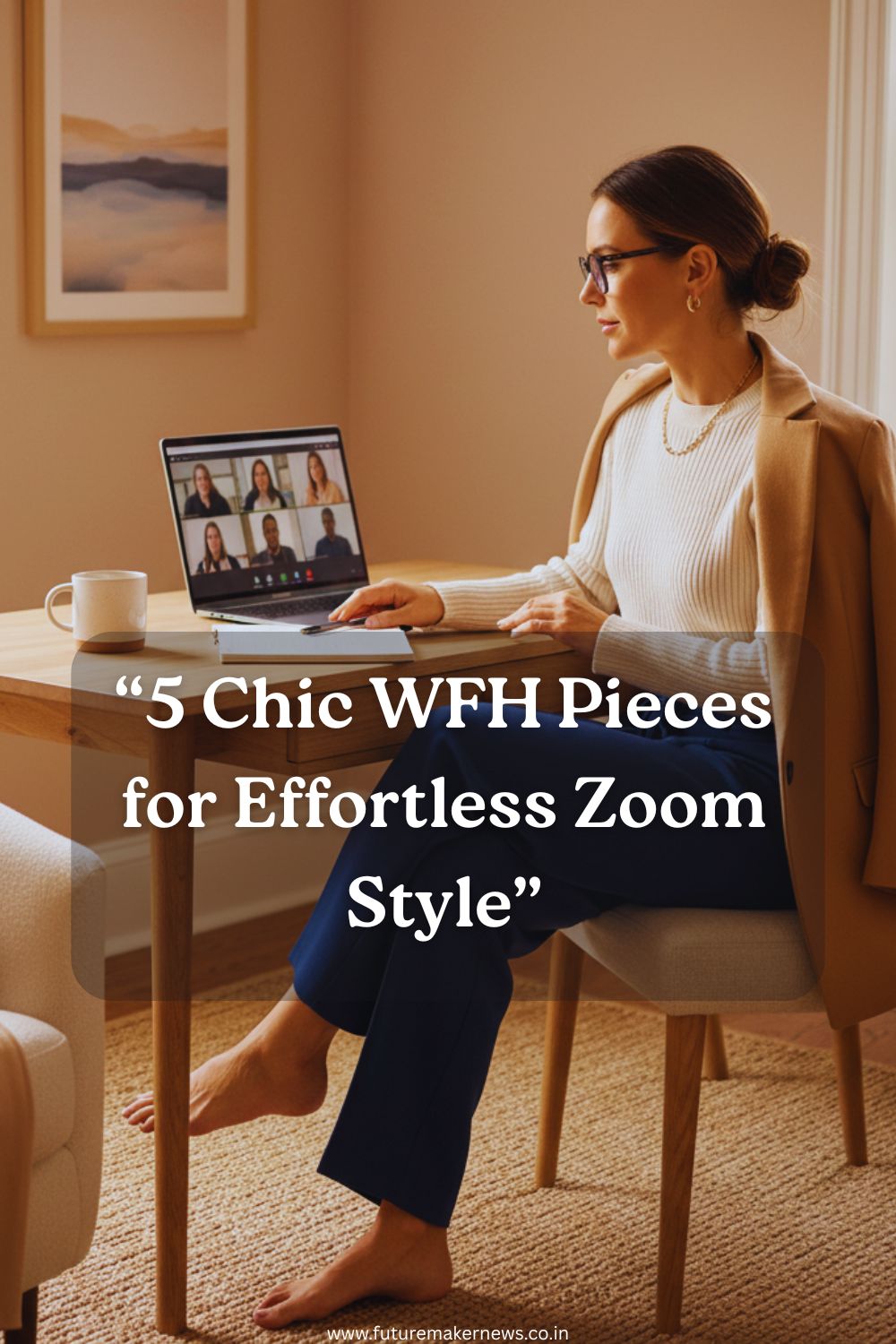 “Stylish woman on a Zoom call in a ribbed knit top, pull-on trousers, and soft blazer, working from a cozy home office with minimalist accessories and natural light, blending comfort and professionalism.”