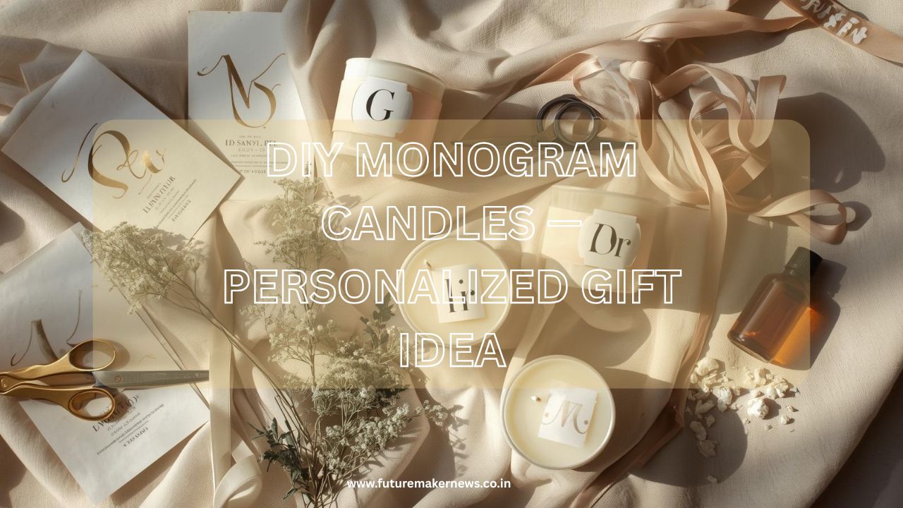 Handcrafted monogrammed candles with personalized labels, surrounded by printable templates, ribbons, and DIY candle-making supplies on a neutral surface.