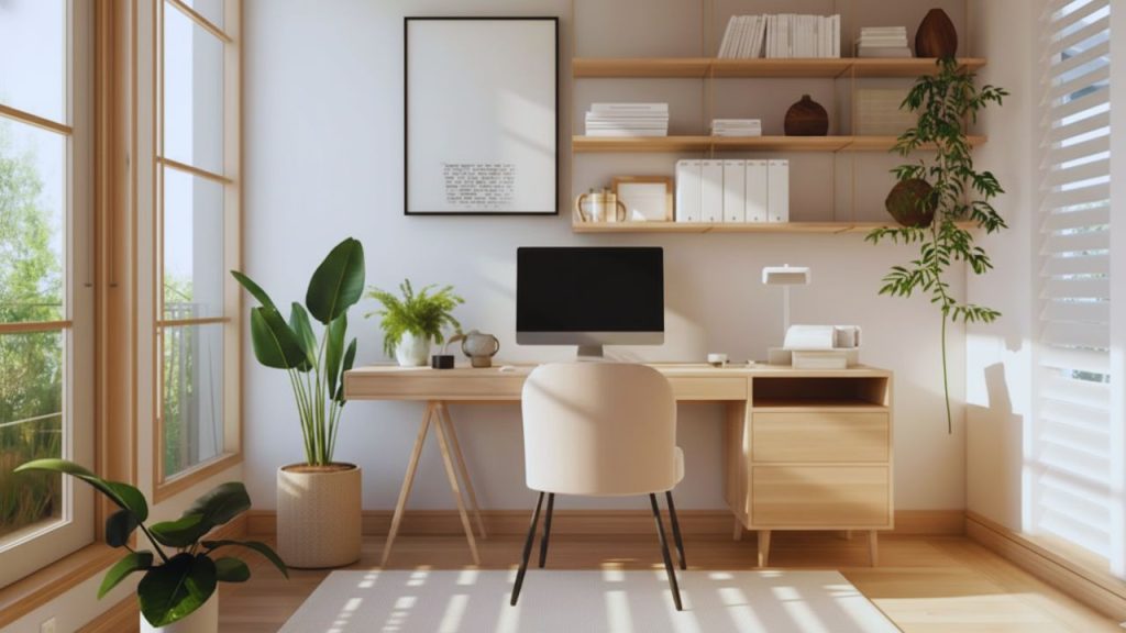 Minimalist and abstract wall art in neutral frames above a desk, complementing an organized and aesthetic home office setup.