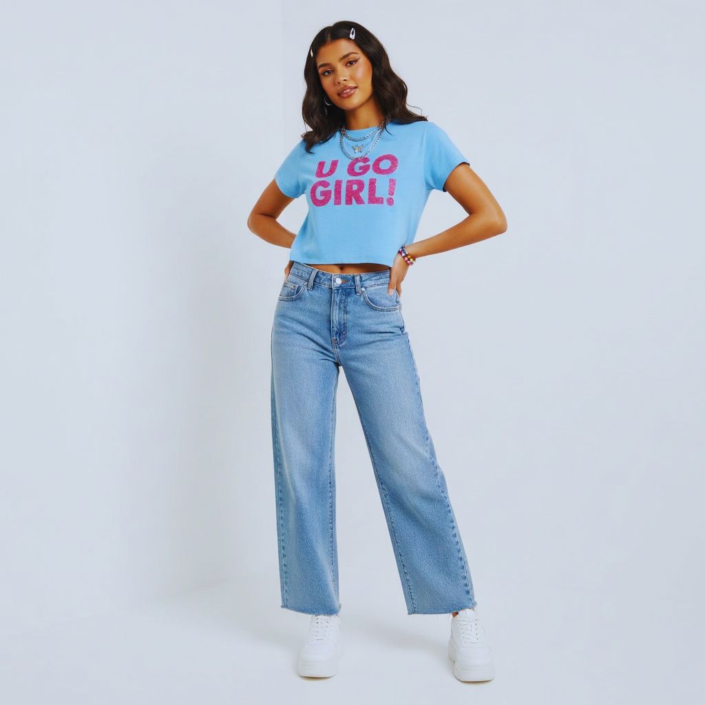 "Model wearing 90s-inspired slogan baby tee with wide-leg jeans and platform sneakers posing in studio."