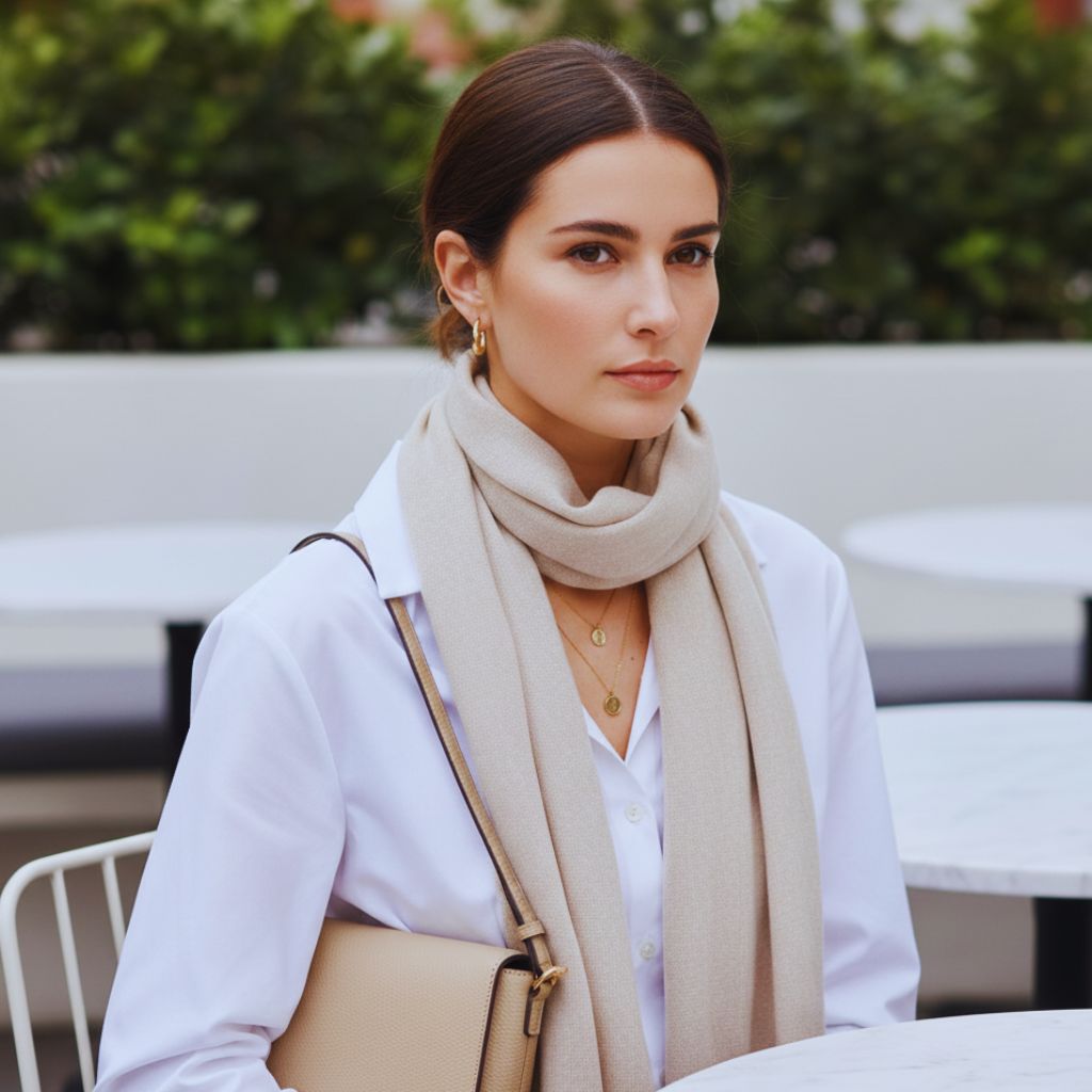 “Flat-lay of minimalist gold jewelry, handbag, sunglasses, and scarf in neutral tones, emphasizing elegant simplicity.”