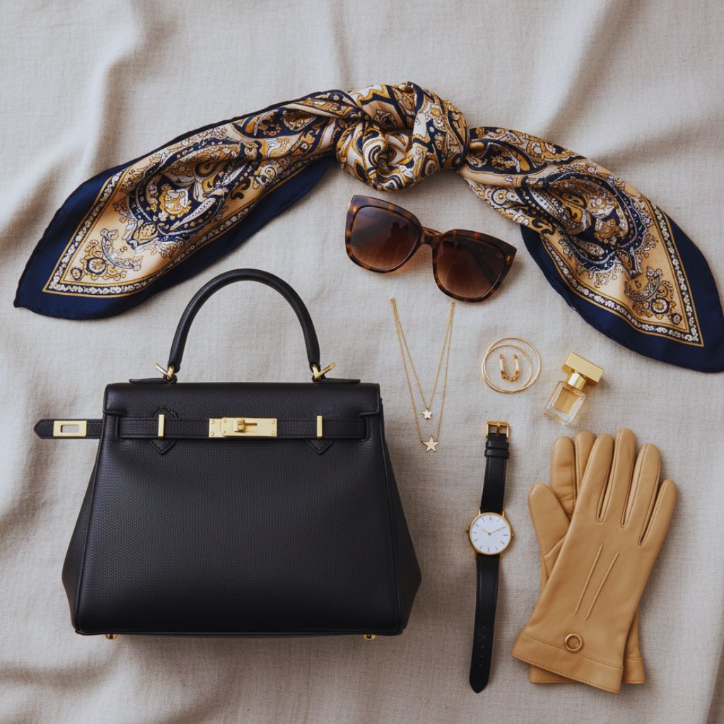 Flat lay of trench coat accessories including scarf, bag, boots, and gold jewelry.