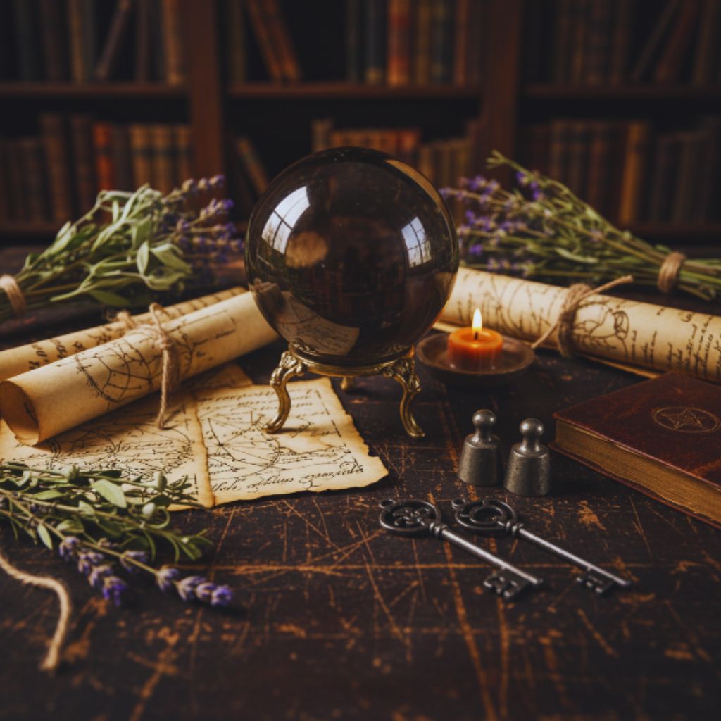 Castlecore desk decorated with old maps, scrolls, crystal balls, and dried herbs for a magical, storybook vibe.