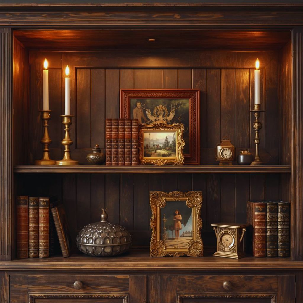 Shelf styled with brass candlesticks, vintage books, and antique picture frames in warm Castlecore decor.