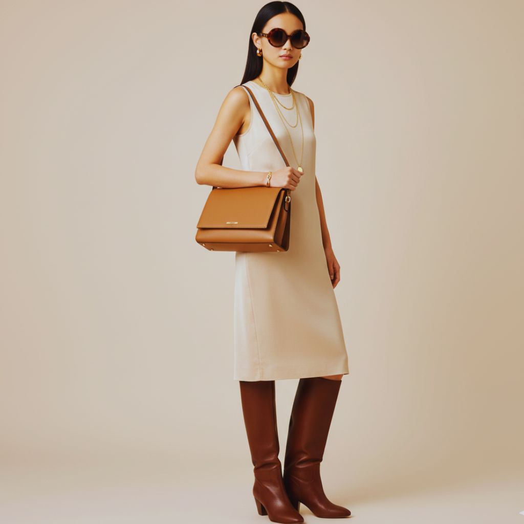 Model wearing gold jewelry, tan handbag, and espresso boots accessorizing an espresso-toned outfit.