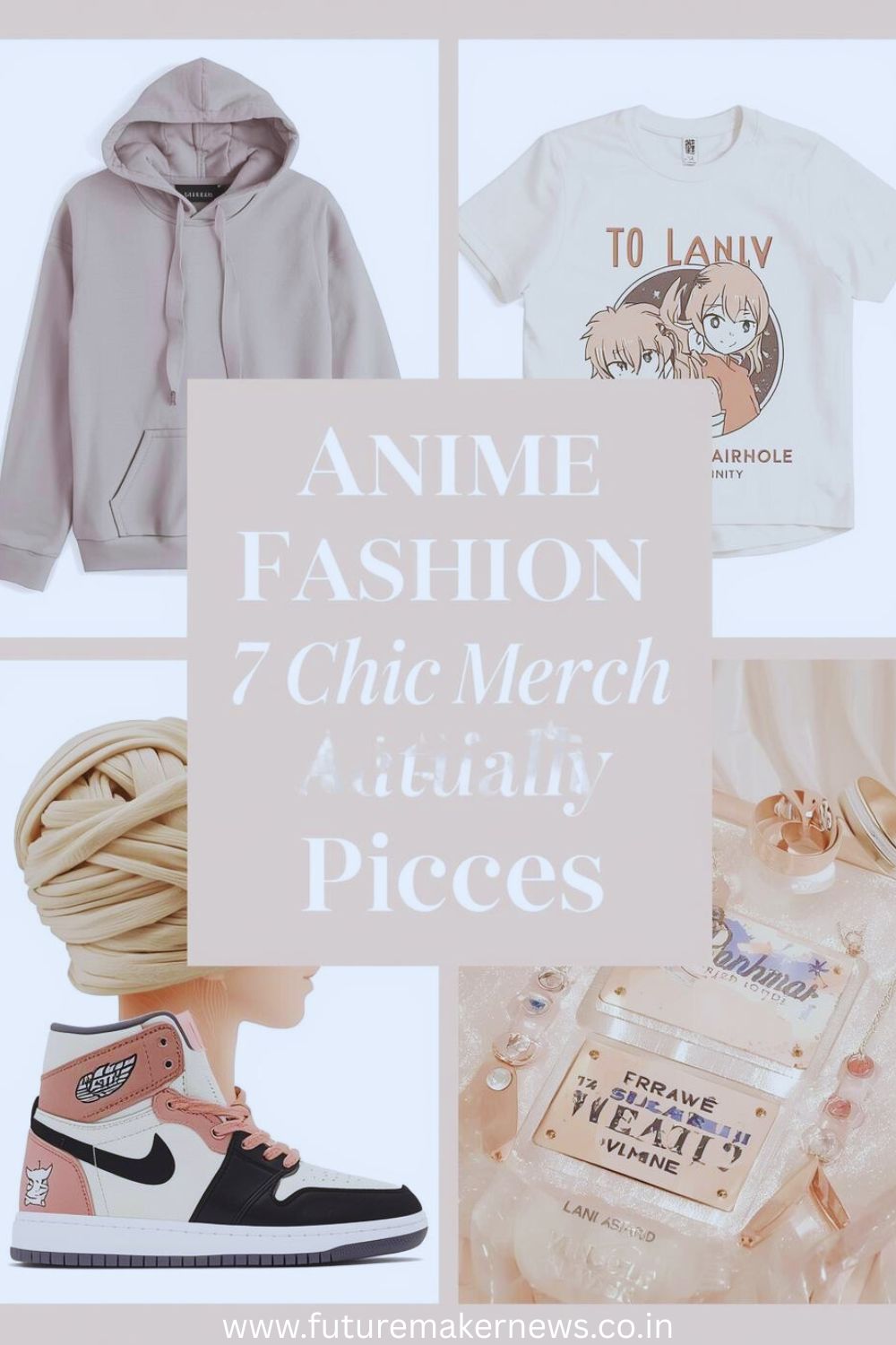 Pinterest collage of chic anime fashion pieces in minimalist neutral tones.