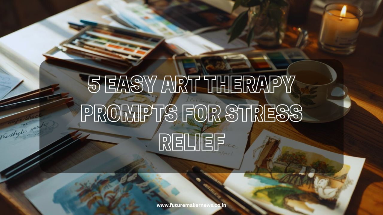 Flat lay of art therapy supplies and completed prompts, including abstract drawings, collage, painting, calm sketches, and a gratitude garden, set on a cozy, well-lit table.