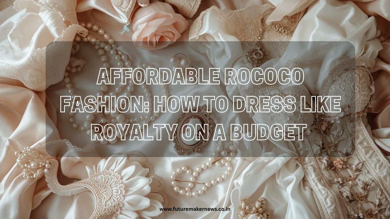 Flat lay of Rococo-inspired fashion pieces including lace gloves, pearls, floral corset, and pastel puff-sleeve dress on a soft blush background.