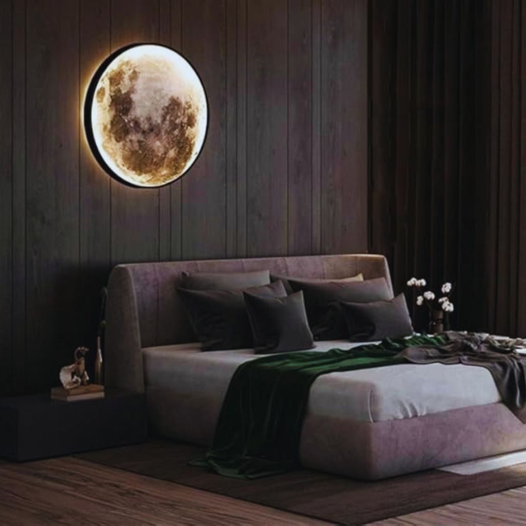 “Bedroom with moon phase wall mirrors, LED moon lamp, and constellation wall art from Amazon.”