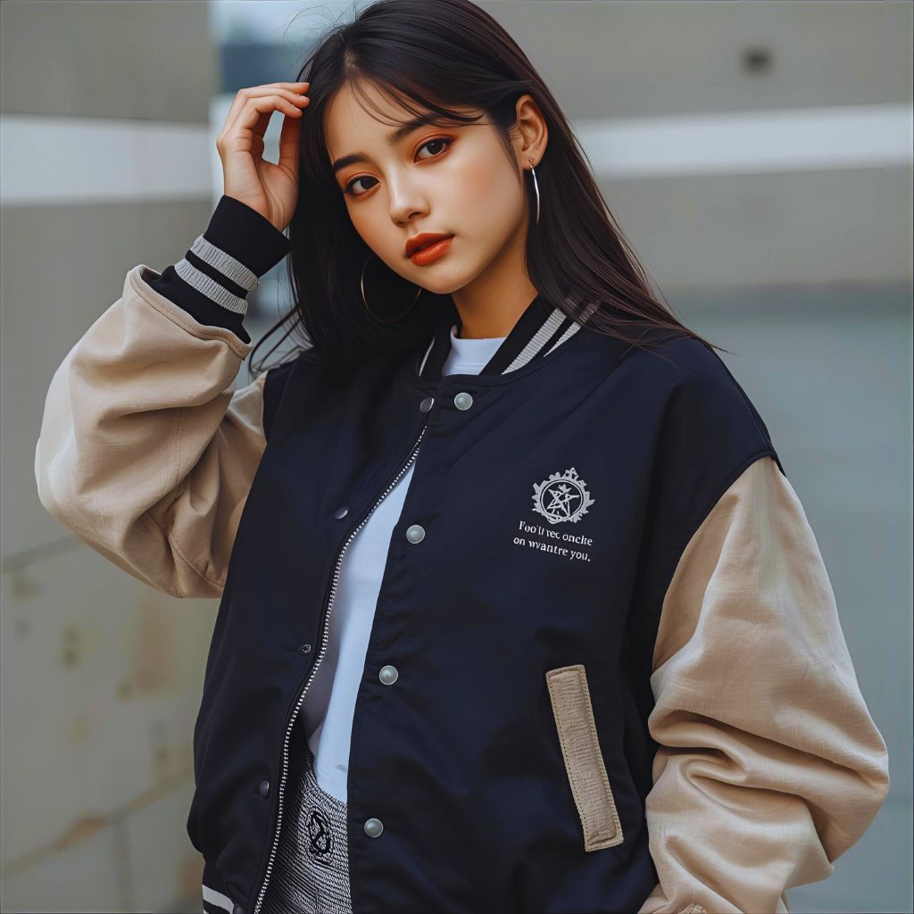 Anime-inspired varsity jacket with embroidered detailing for modern streetwear look.