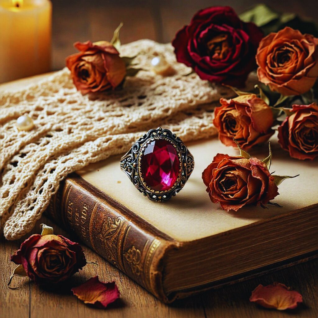 Antique ruby ring on vintage book with lace gloves and dried roses.