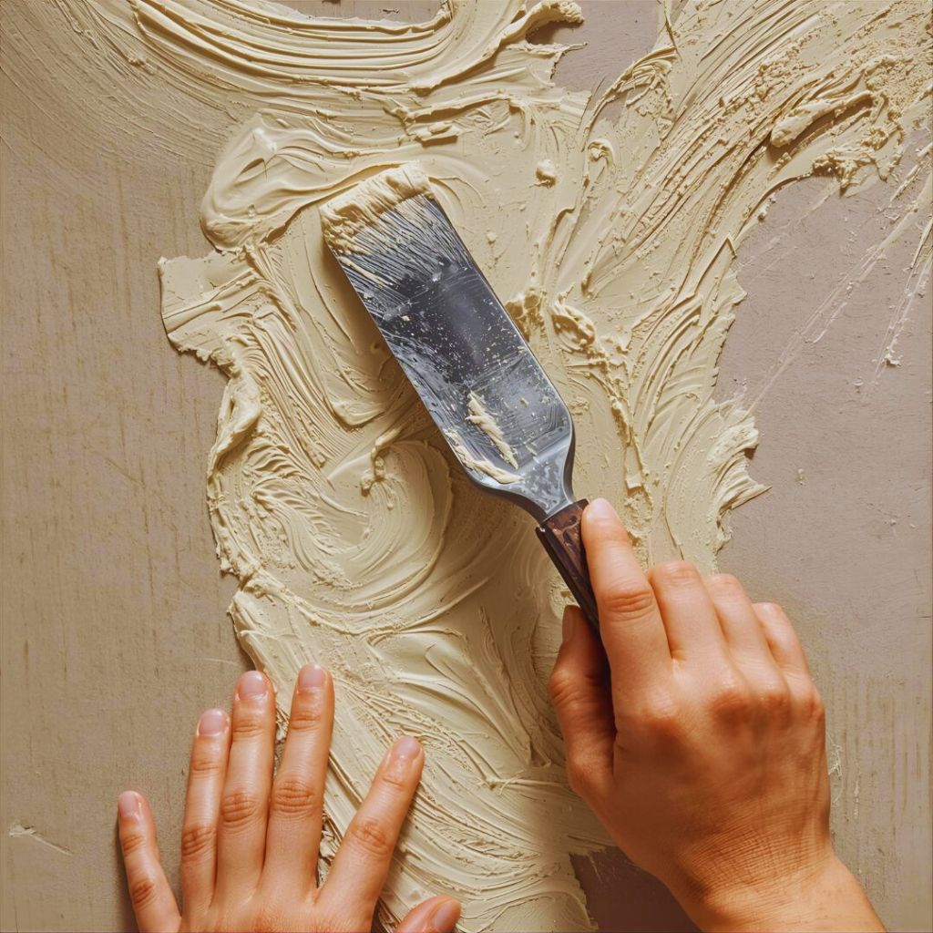 Hands applying wall putty to a board, forming textured swirls for DIY wall art.