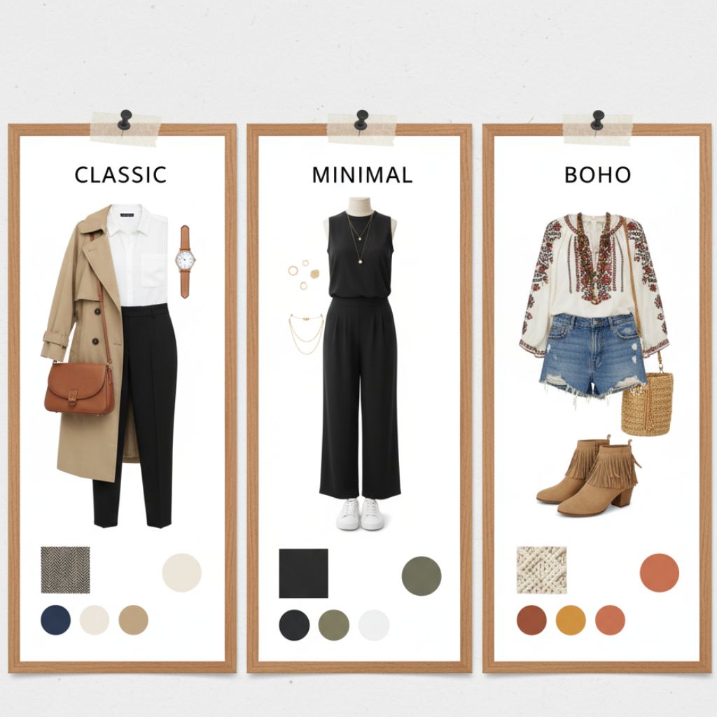 Mood board featuring various clothing styles and color palettes for defining personal fashion taste.