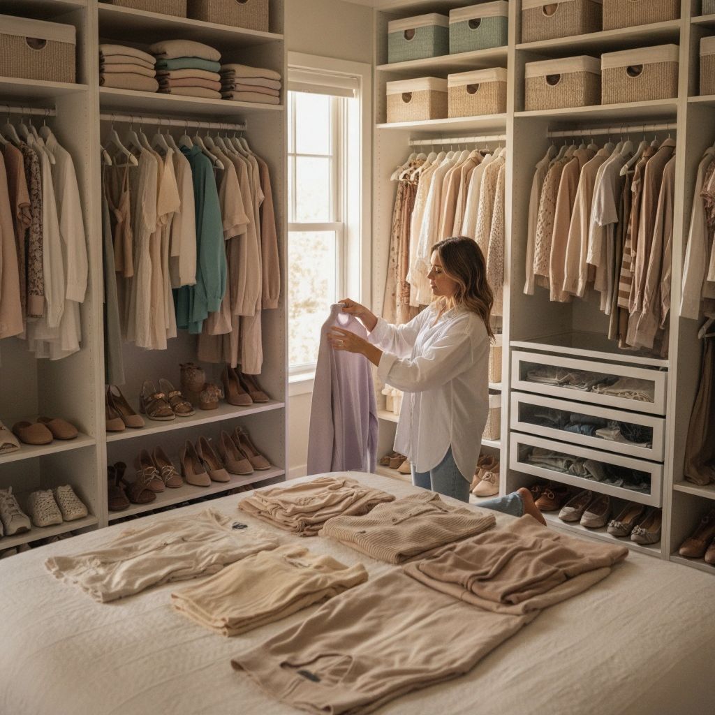 Person organizing clothes from their closet to assess what to keep for a capsule wardrobe.