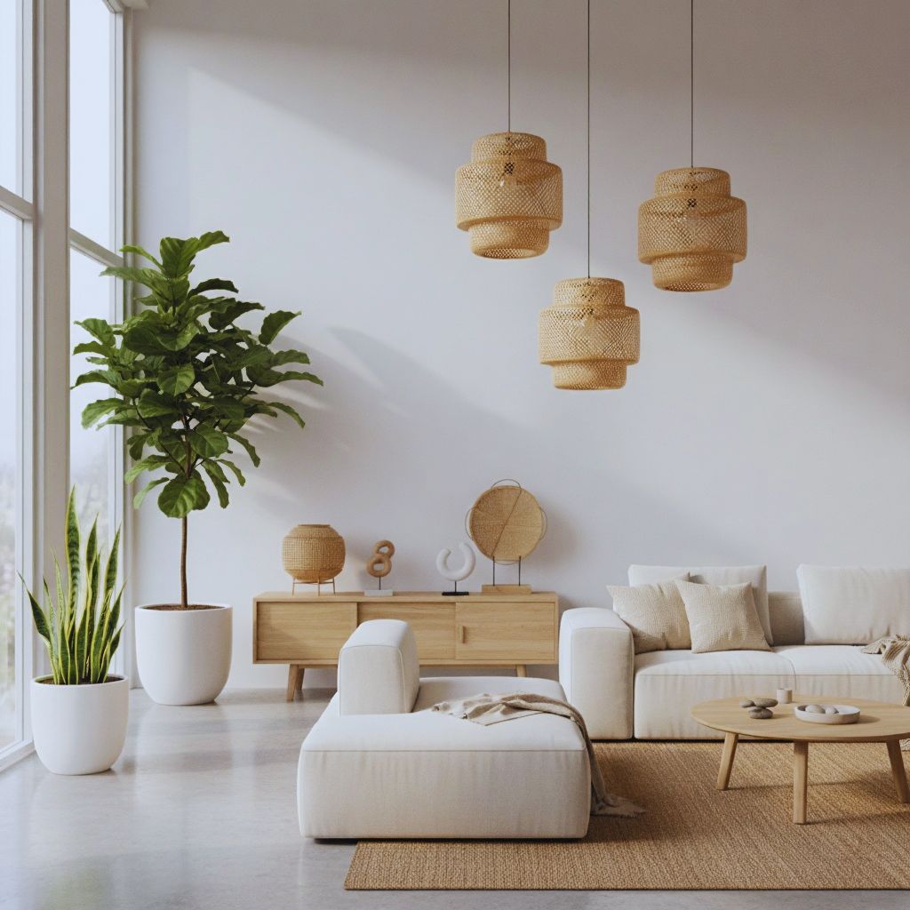 “Modern interior with bamboo pendant lights, planters, and decor pieces in a minimalist neutral setting.”