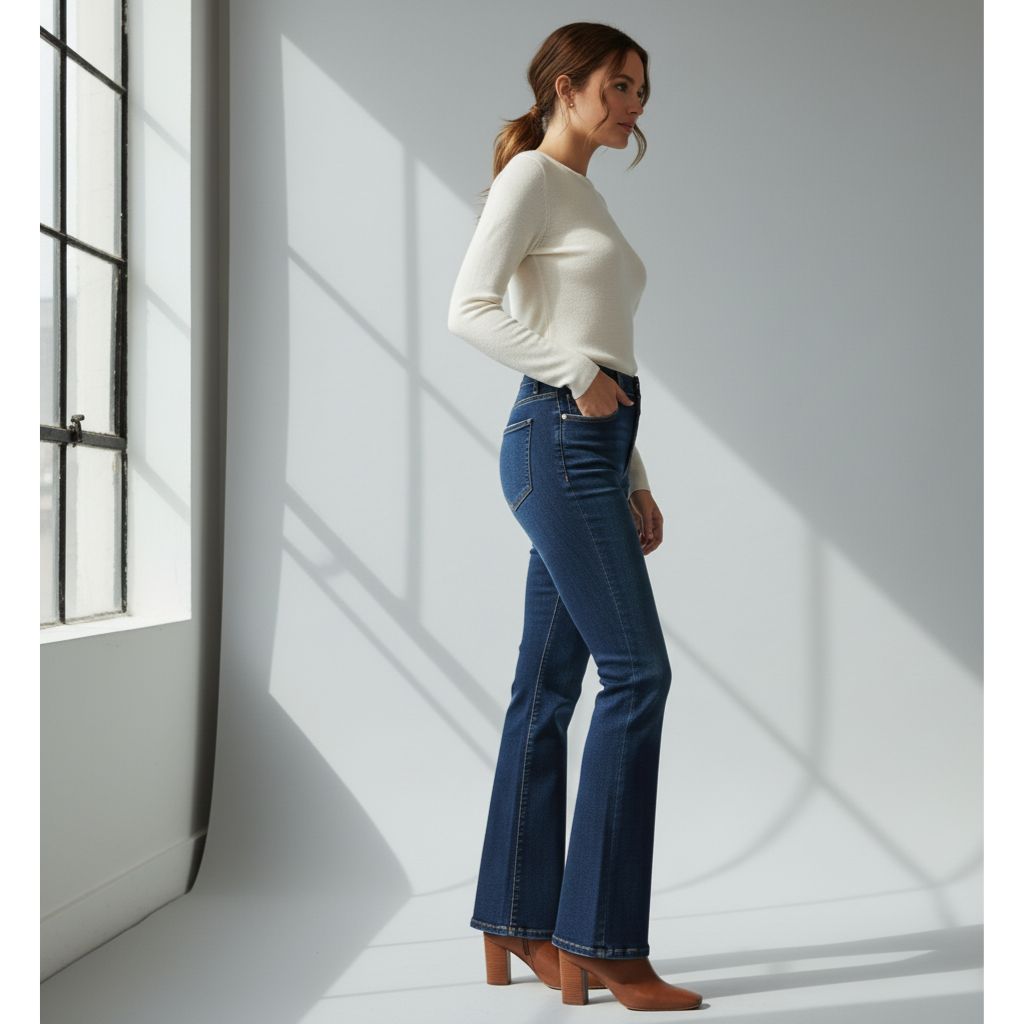 Woman wearing dark indigo bootcut jeans with a fitted top and ankle boots, showcasing how the flared cut balances wider hips for pear-shaped body types.