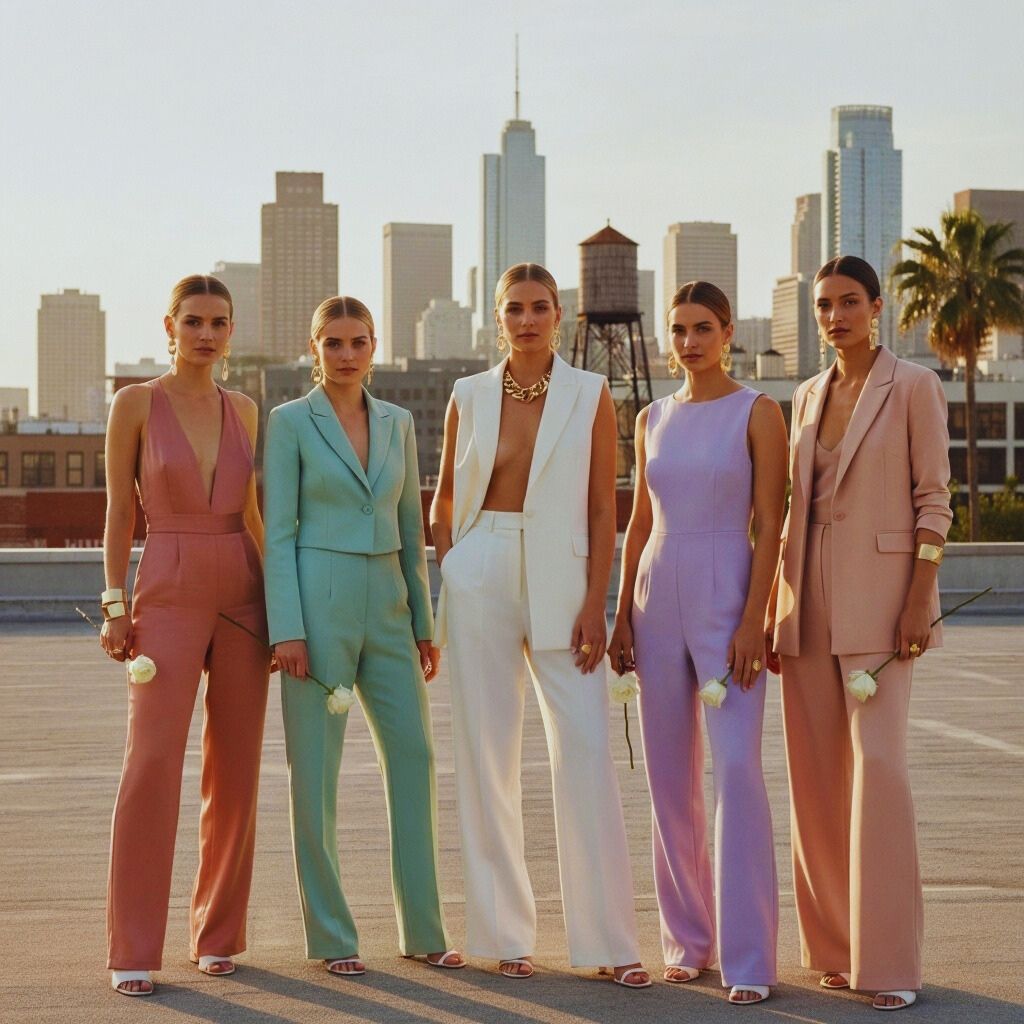 “Bridesmaids wearing blush and pastel jumpsuits and suits, standing confidently on a city rooftop with minimalist accessories.”