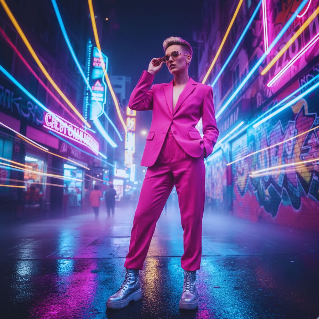 A person in a hot pink outfit standing in a city street with neon lights, representing confidence and creativity.