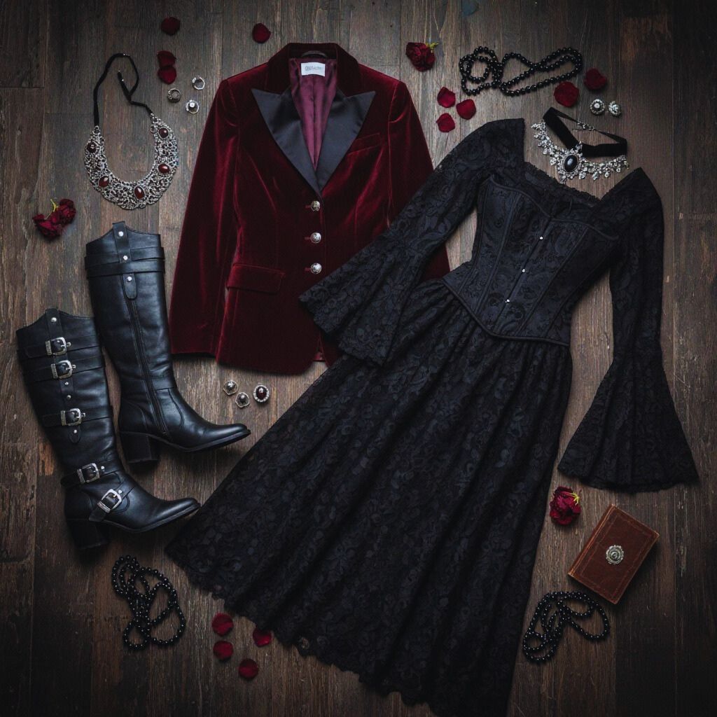 Flat lay of Gothic Castlecore fashion essentials in dark, romantic colors.