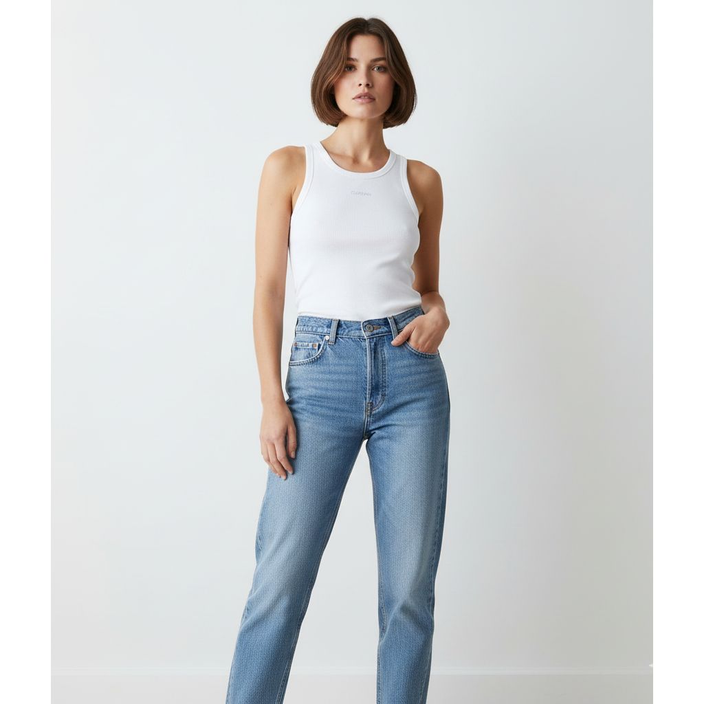 "Model wearing light-wash vintage Calvin Klein jeans with white tank top posing against white wall."