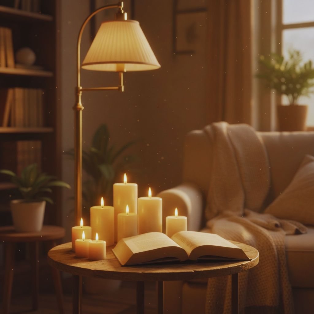 Reading nook with glowing candles, a brass lamp, and an open book in cozy lighting.