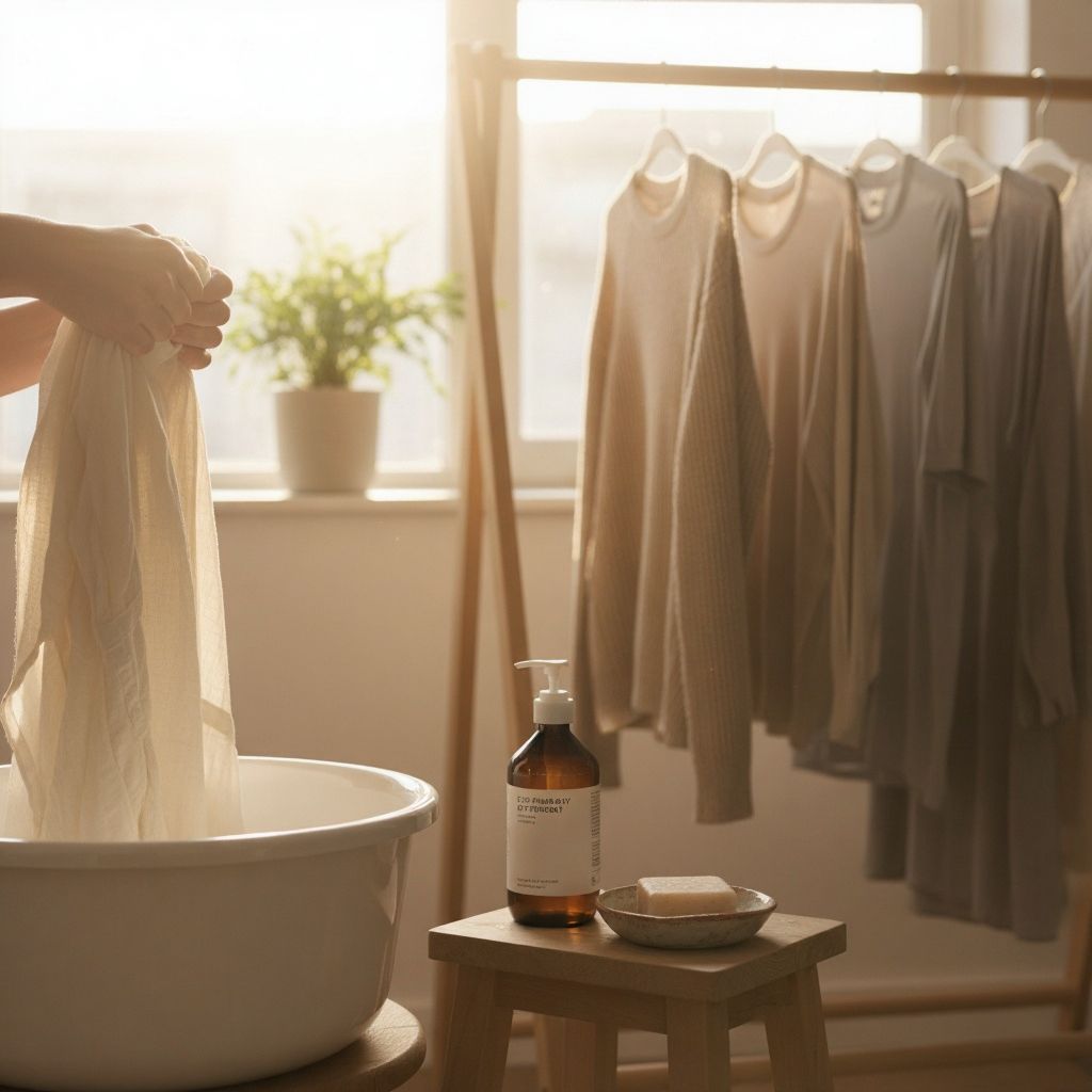 Person air-drying sustainable clothing to extend wardrobe lifespan and reduce waste.