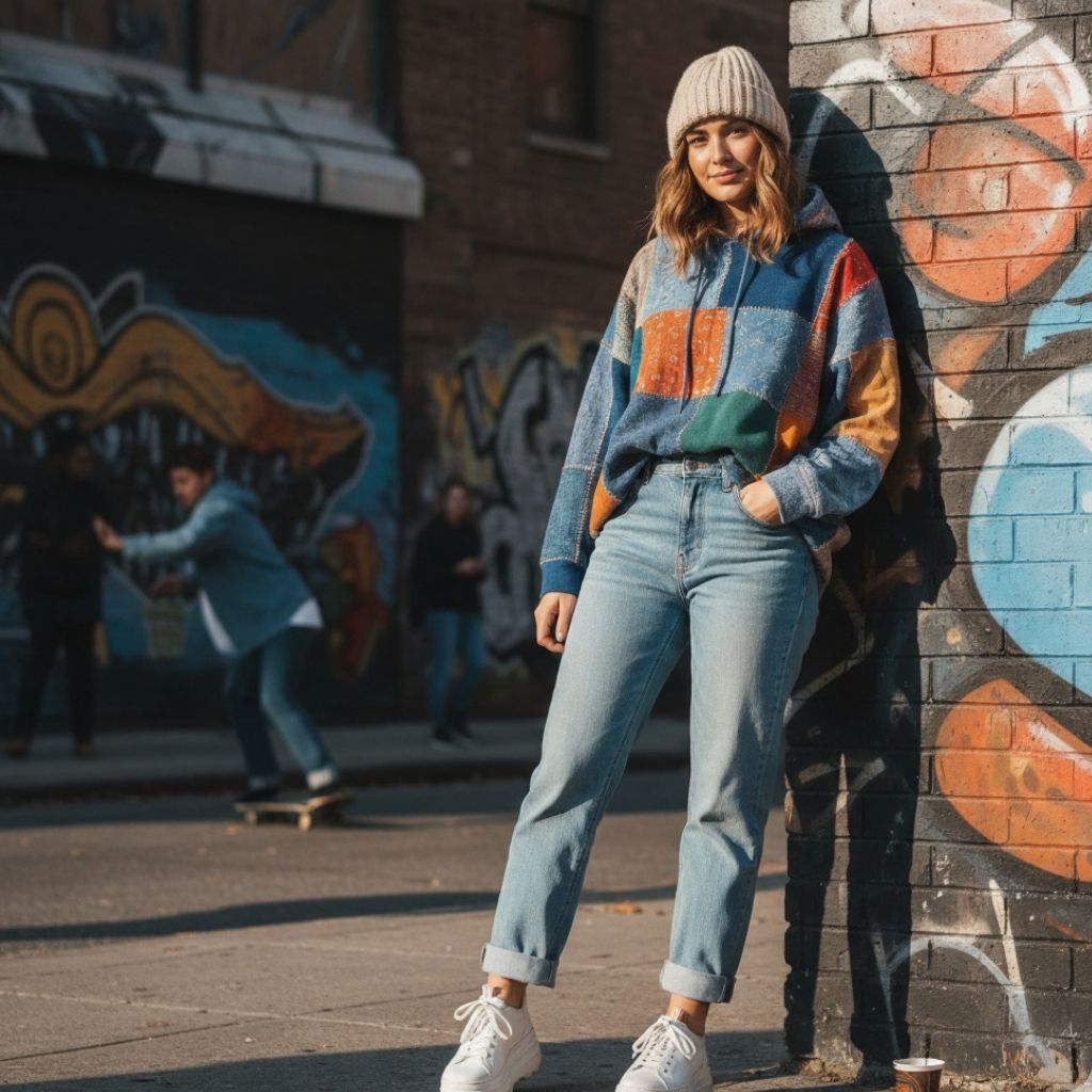 Model in colorful patchwork hoodie, high-waisted jeans, and chunky sneakers with a bucket hat in an urban setting.