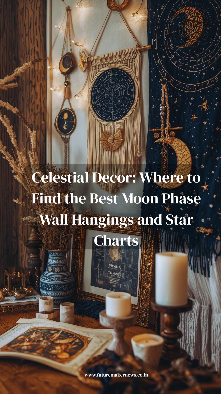 “Boho living room featuring moon phase wall hangings and star charts illuminated by fairy lights.”