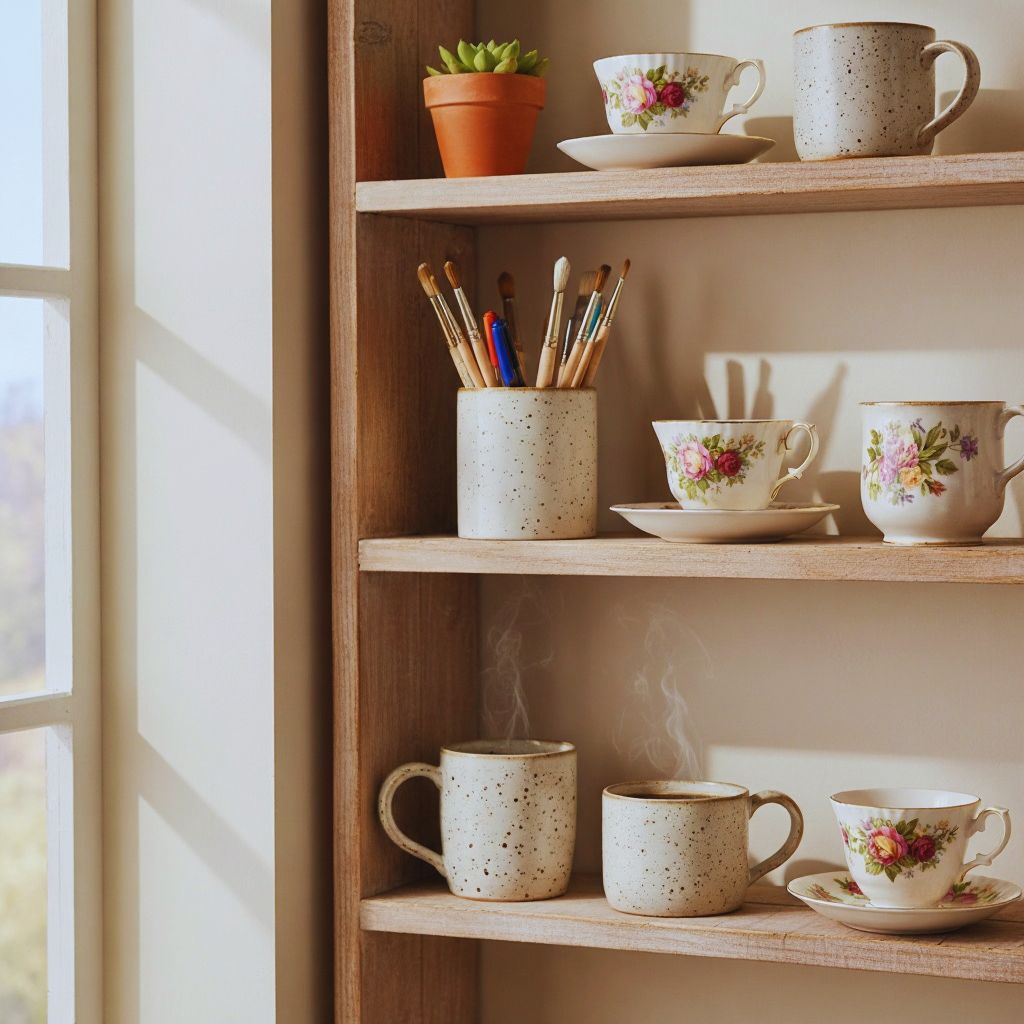 Assorted ceramic mugs and vintage dishes displayed on open wooden shelves with cozy lighting.