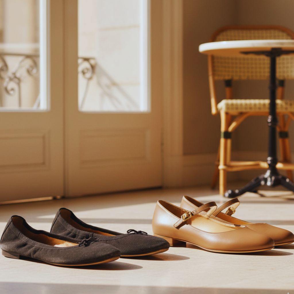 Old worn ballet flats beside modern structured leather flats, illustrating the update from cheap to chic styles.