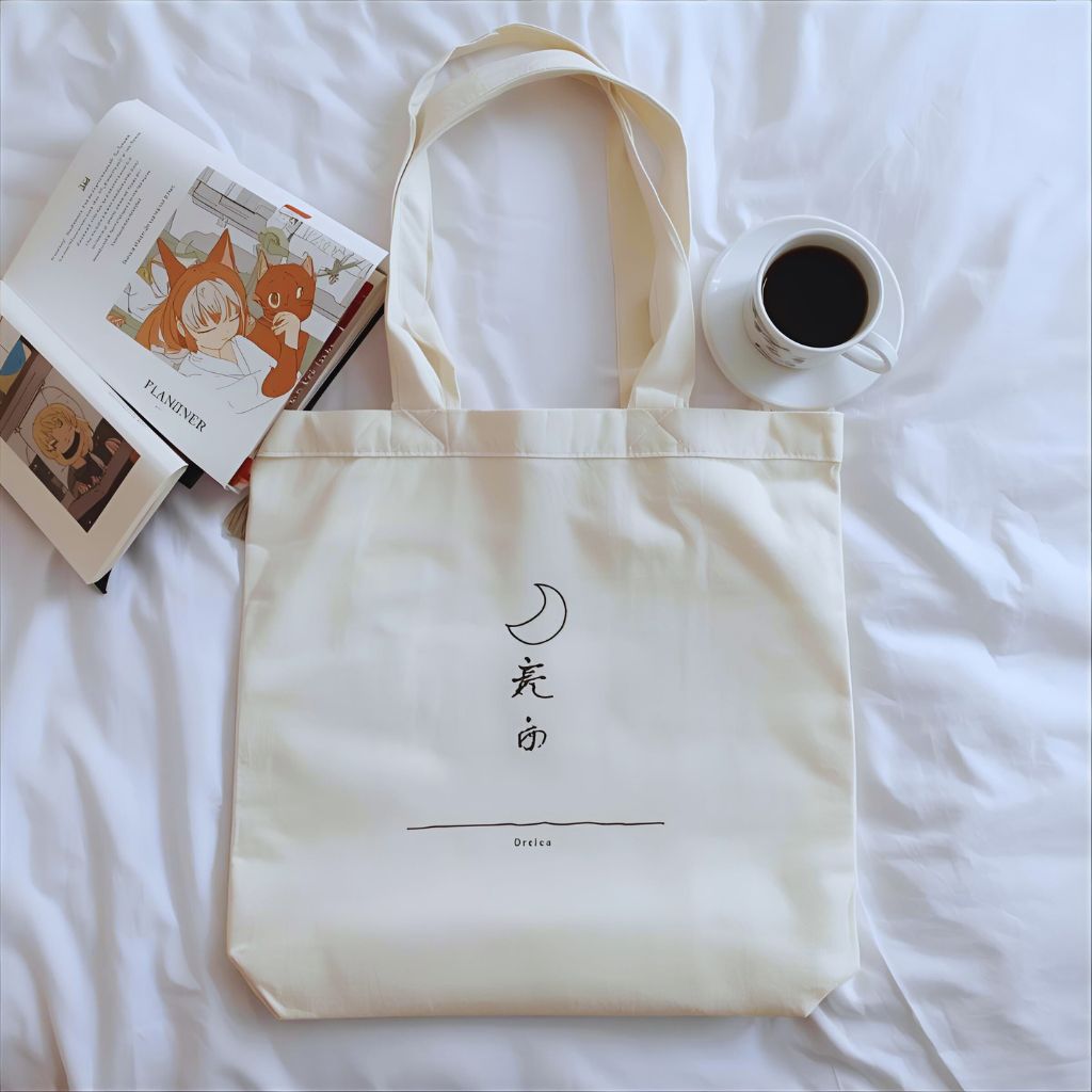 Minimalist anime tote bag with embroidered details styled for chic casual fashion.