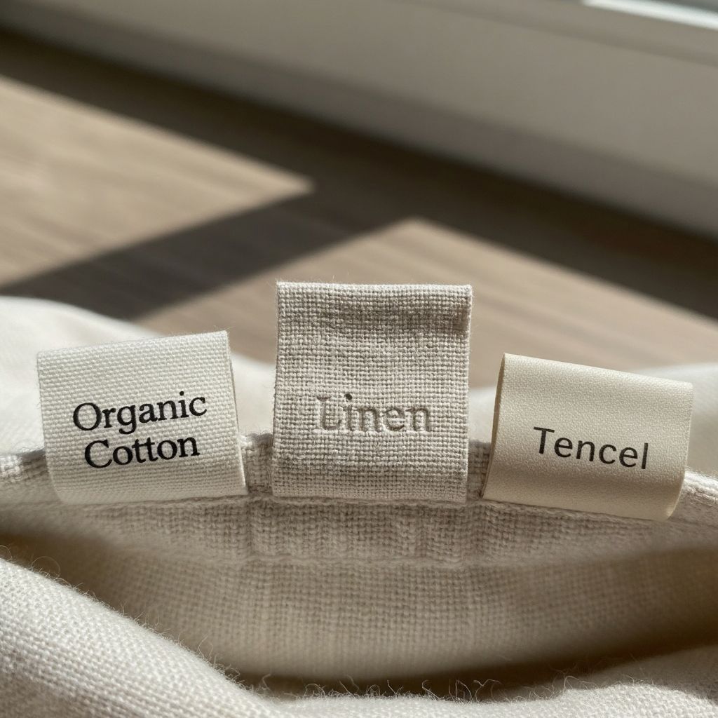Clothing tags showing sustainable fabric materials such as organic cotton and linen.