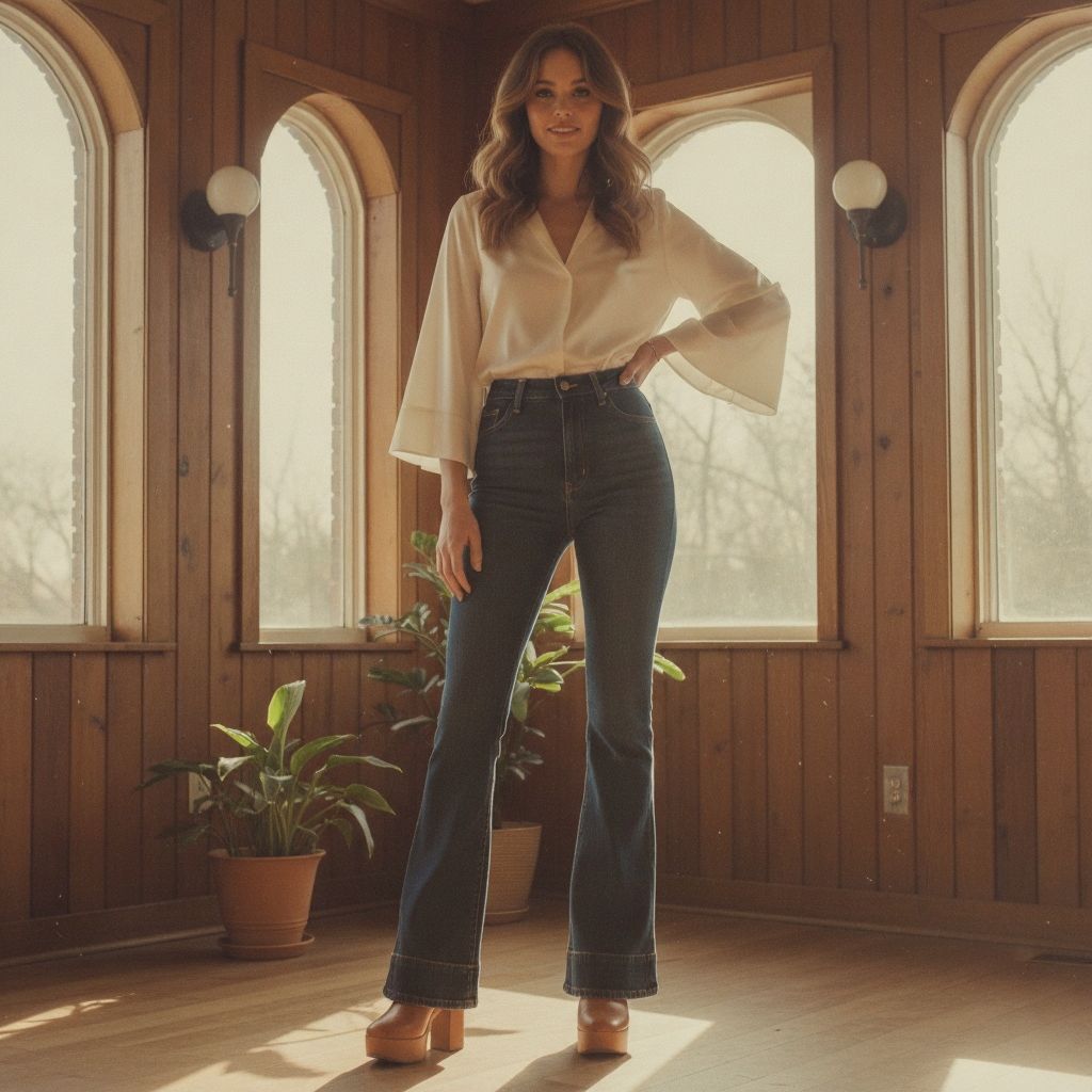 Woman wearing high-waisted 70s flared jeans paired with a tucked-in blouse and platform heels in retro style.