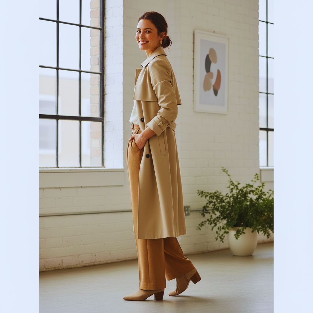 “Beige trench coat with rolled-up sleeves layered over a knit sweater and wide-leg trousers, styled with ankle boots and a neutral tote.”