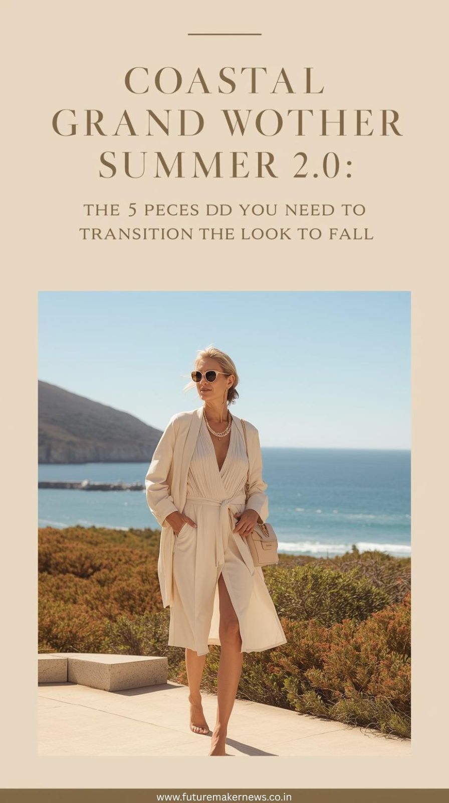 “Cream oversized knit sweater layered over a linen shirt, paired with wide-leg trousers and loafers, in a bright minimalist setting.”