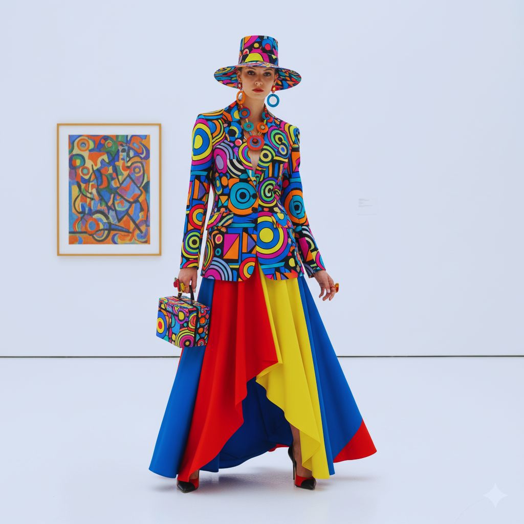 Colorful maximalist outfit with bold prints, asymmetrical skirt, and geometric accessories, inspired by Kandinsky’s Composition VII.