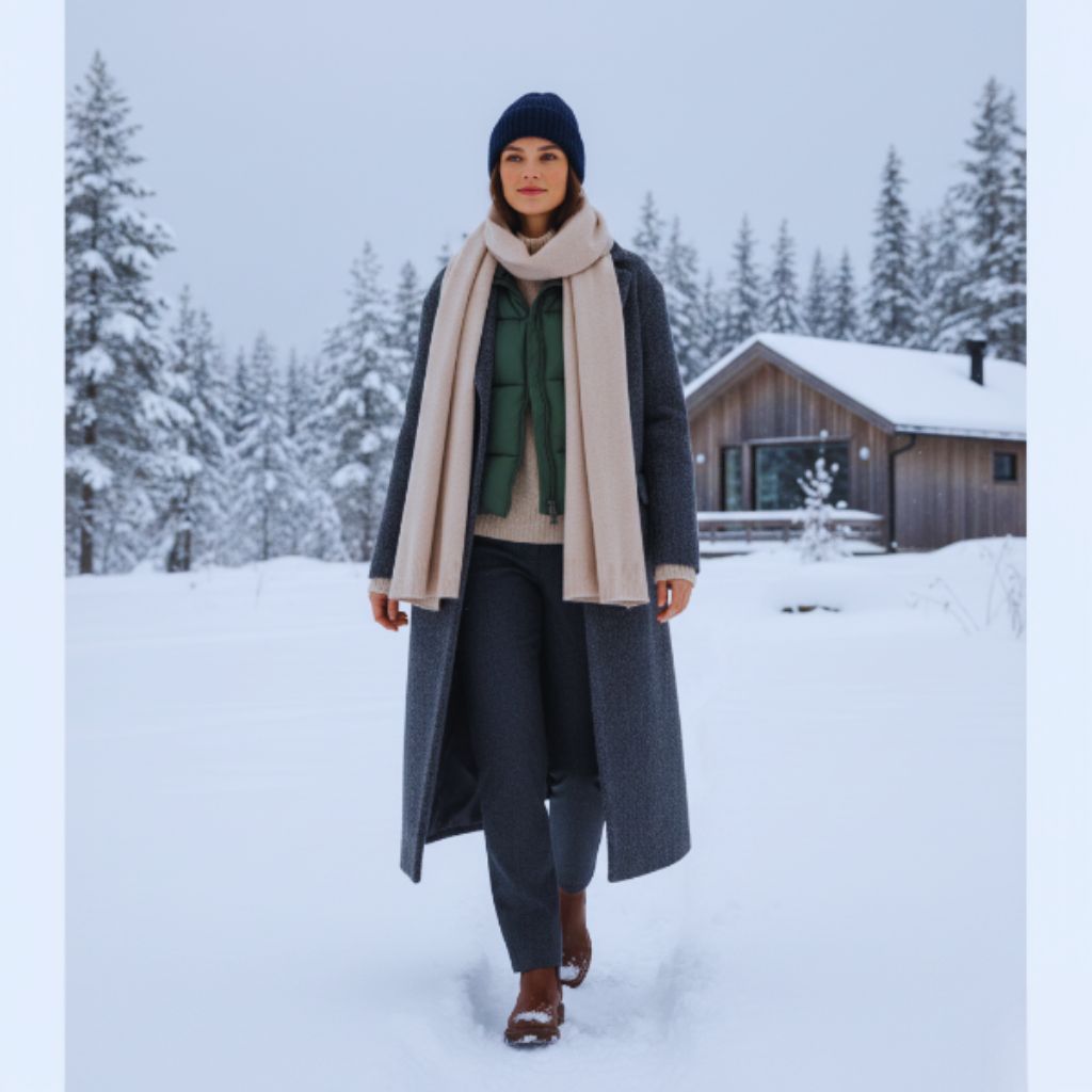 “Person confidently walking in snow wearing complete Scandinavian winter layers, showcasing style and poise.”